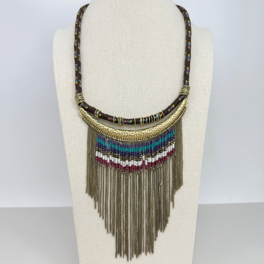 Boho Statement Bib Necklace Multi Color Seed Bead Gold Tone Fringe Tassel Chain